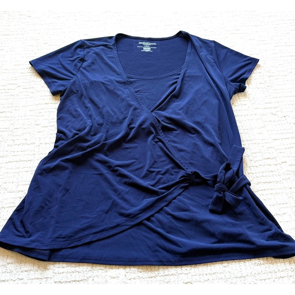 Motherhood Maternity Nursing Wrap Top Navy Blue Short Sleeve Side Tie Large
